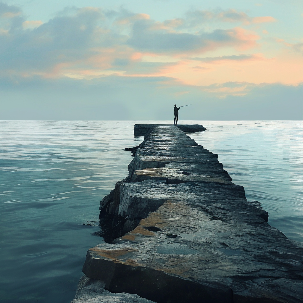 Fisherman making final cast on rock jetty