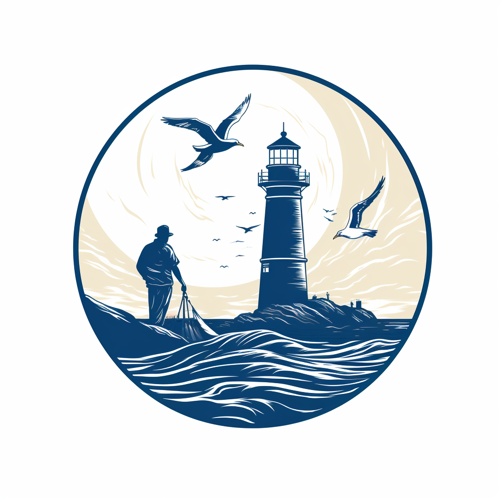 Fisherman waving to lighthouse in sea