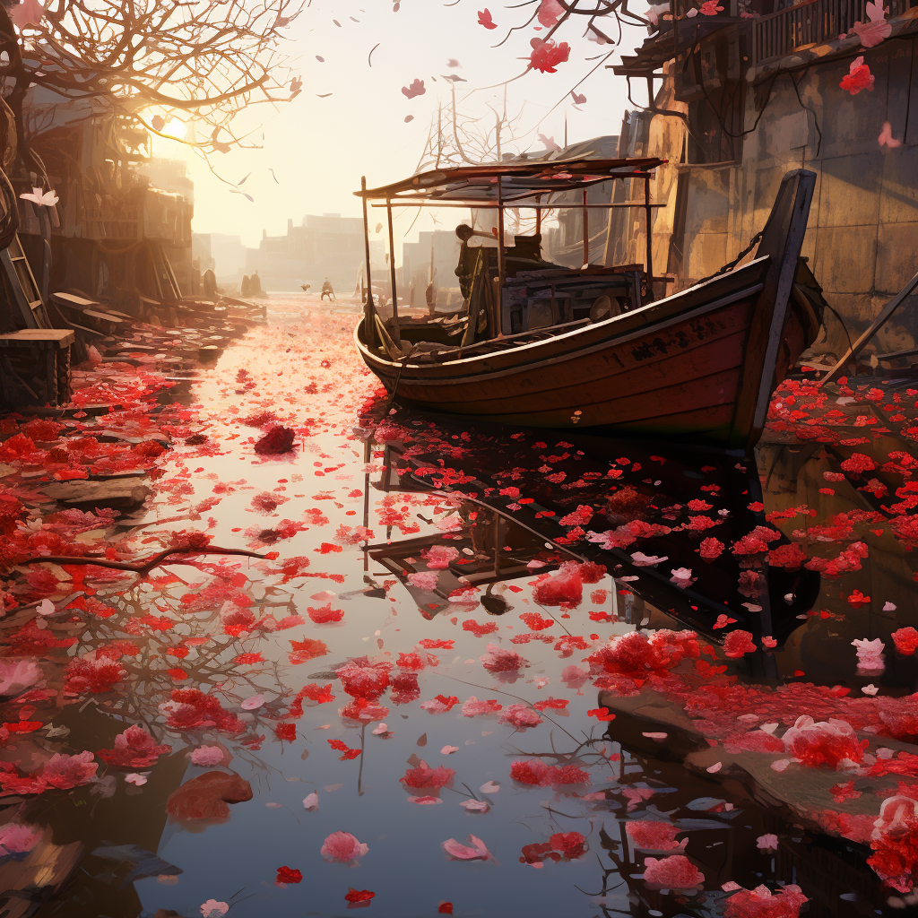 Serene fishing boat in a crimson garden