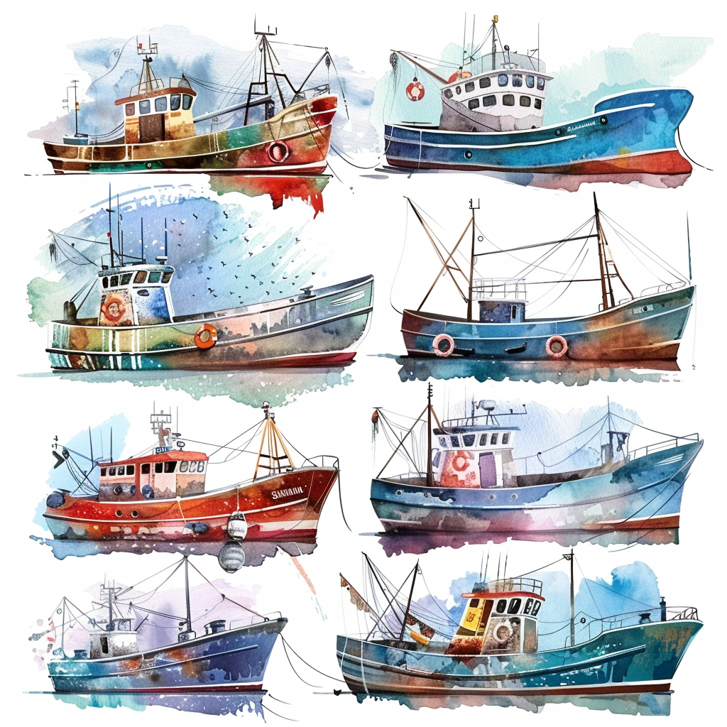 Fishing Boats Clipart Watercolor Set