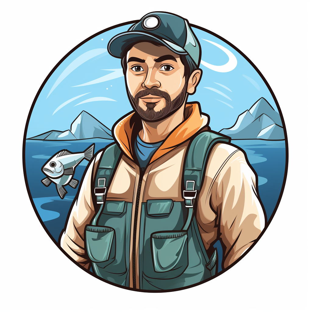 Asian man with fishing gear shop staff sticker logo