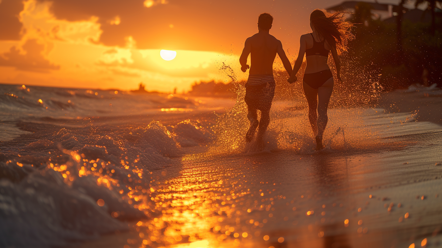 Fit couple running along beach at sunset