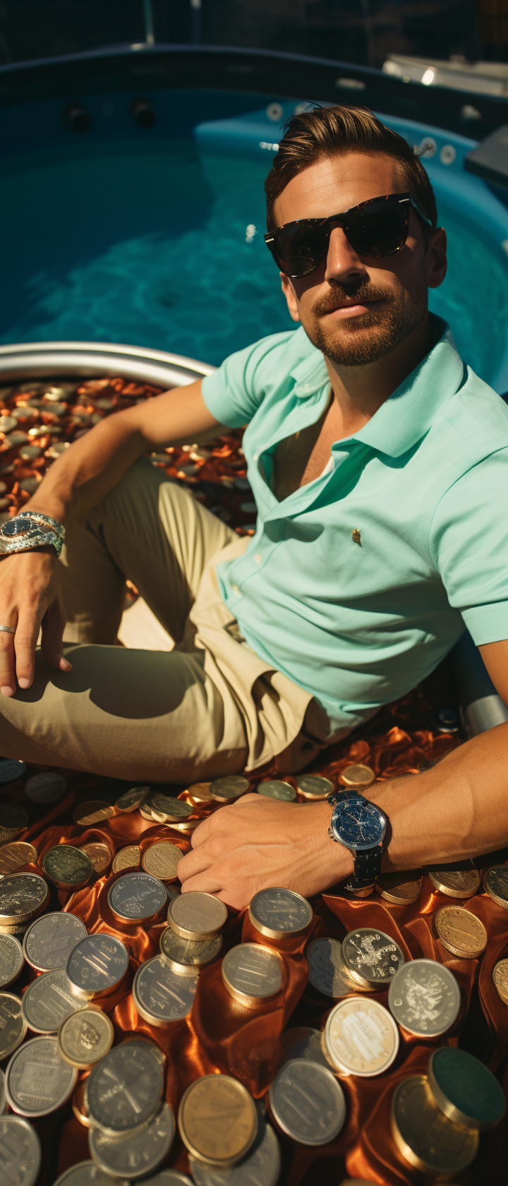 Fit male swimming in cash-filled pool