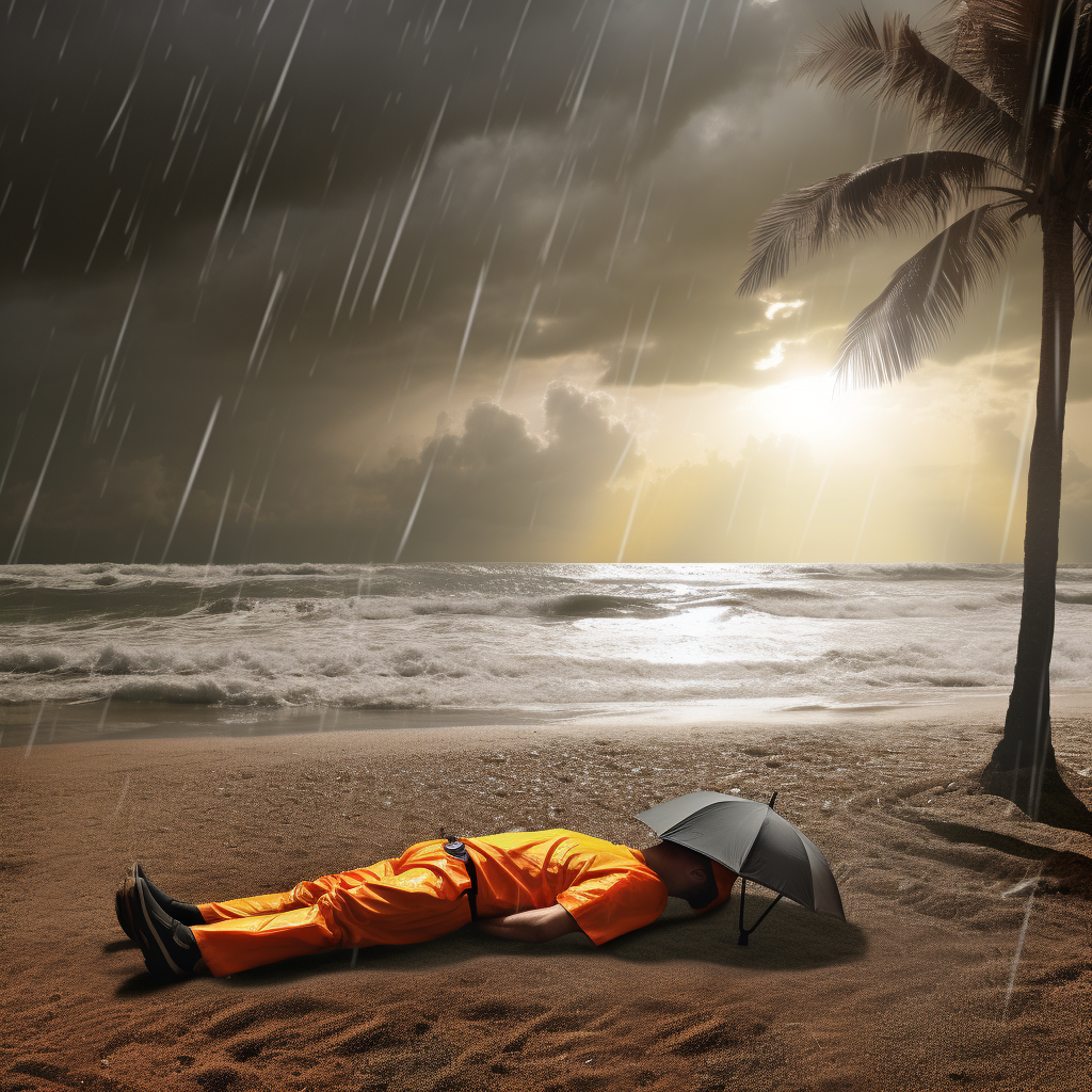 Fit man sunbathing on beach in rainstorm