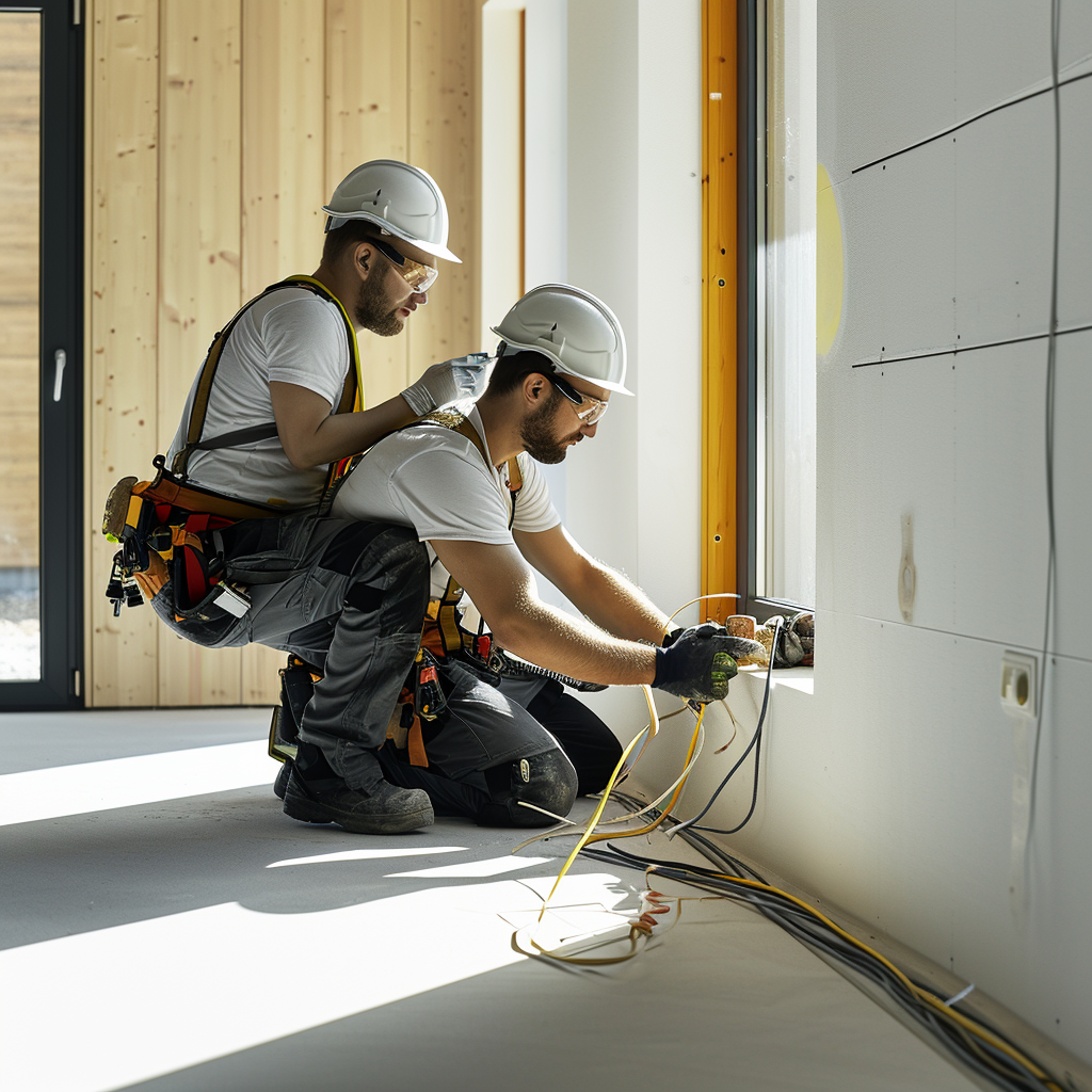 Fit electricians installing smart home solutions with safety gear