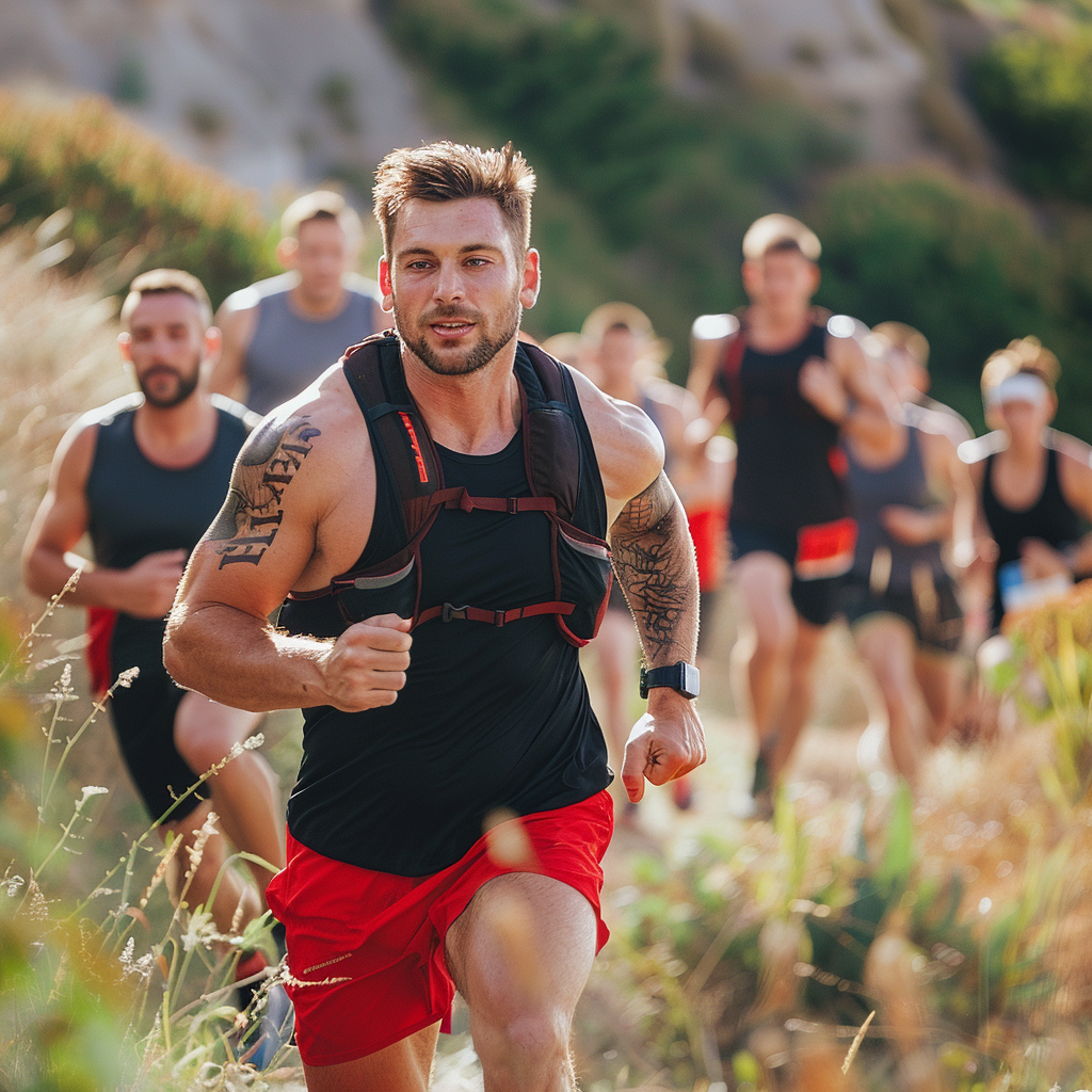 Fitness competitors running uphill