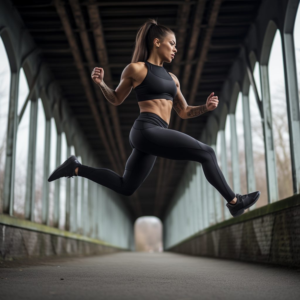 Energetic fitness model in black yoga pants