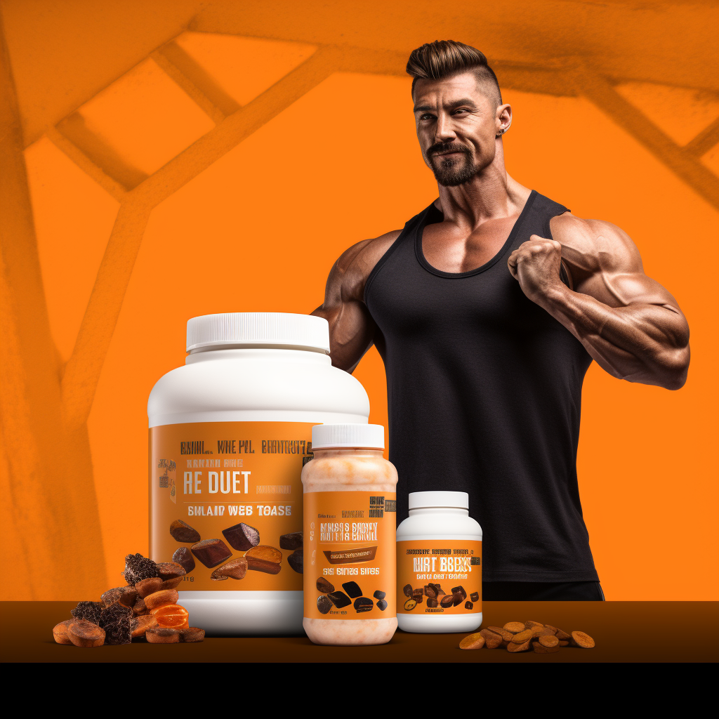 Two fitness supplements with bodybuilder and orange branding