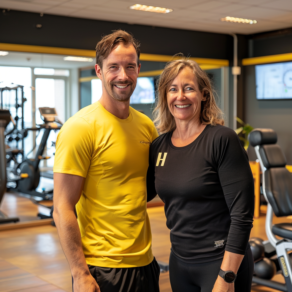 Dutch fitness trainer with client smiling at gym