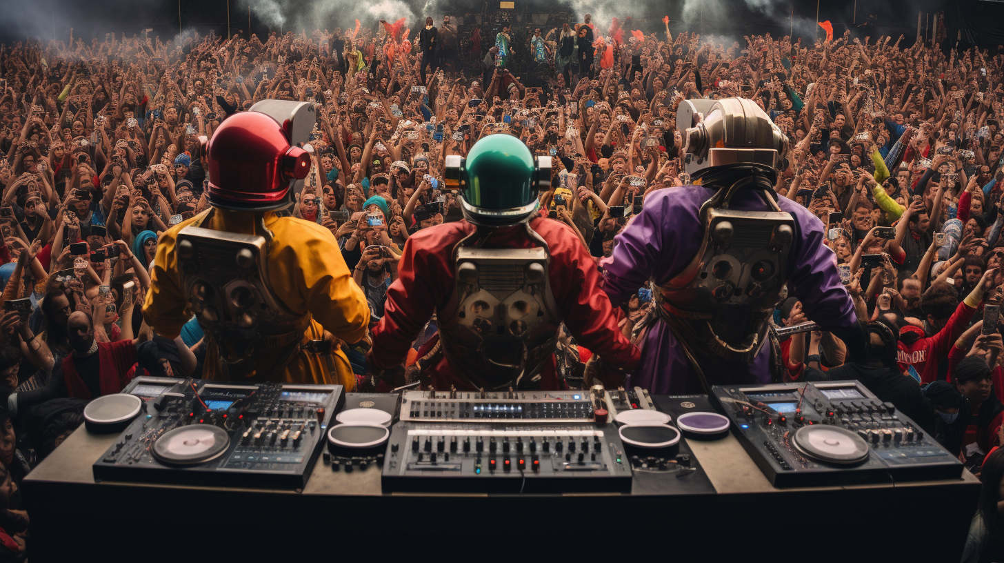 DJs wearing colorful helmets on stage