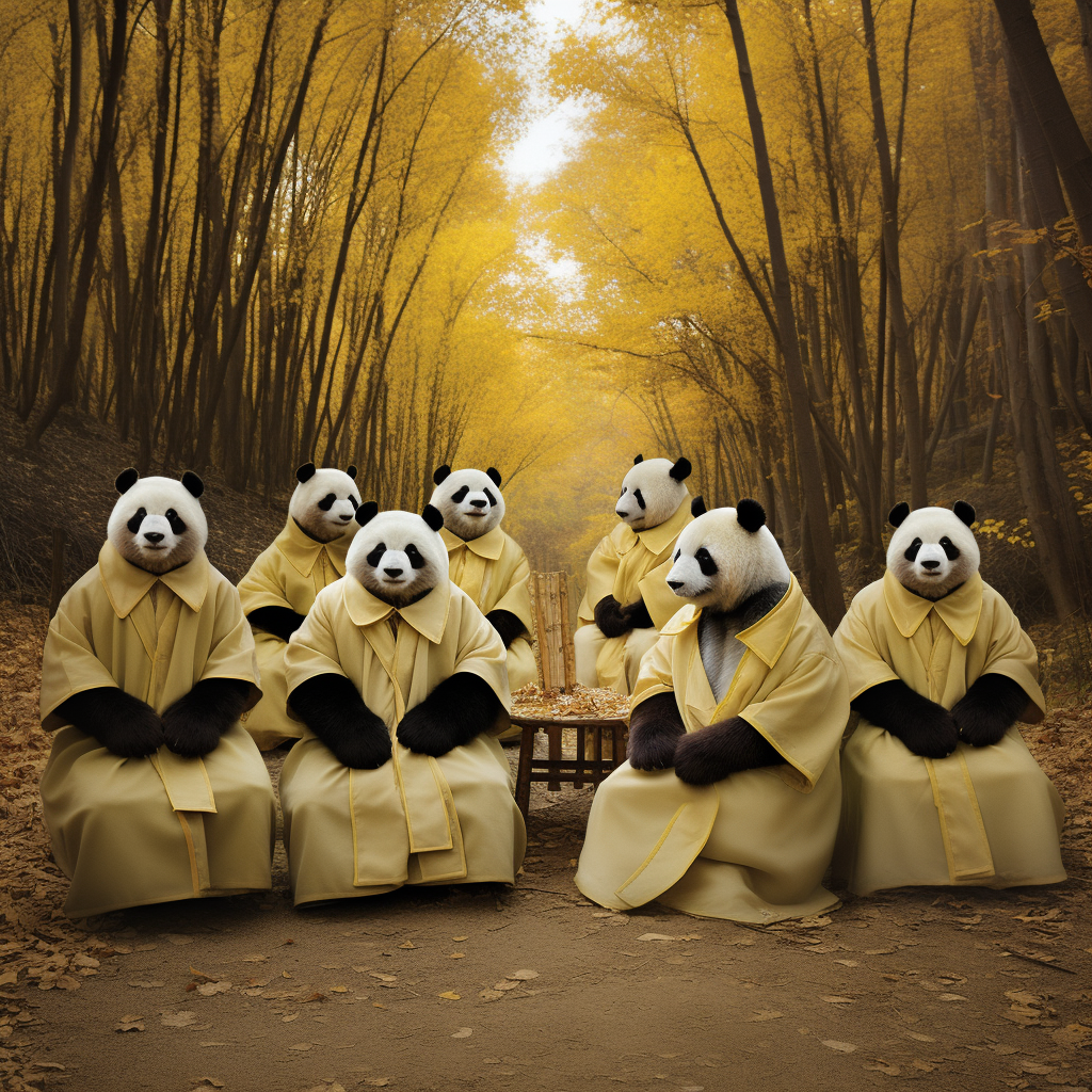 Five adorable pandas dressed as rabbis in a bamboo forest