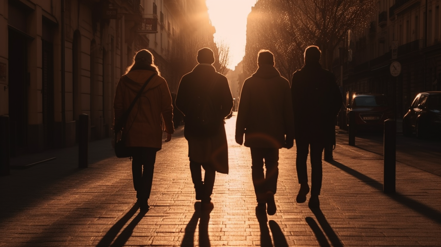 Group walking towards sunset in city