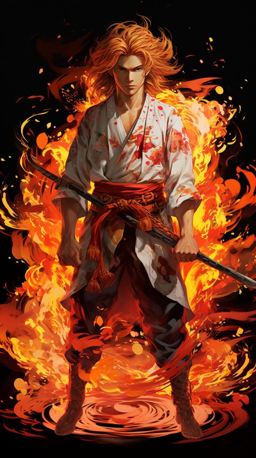 White man with a flame blade katana