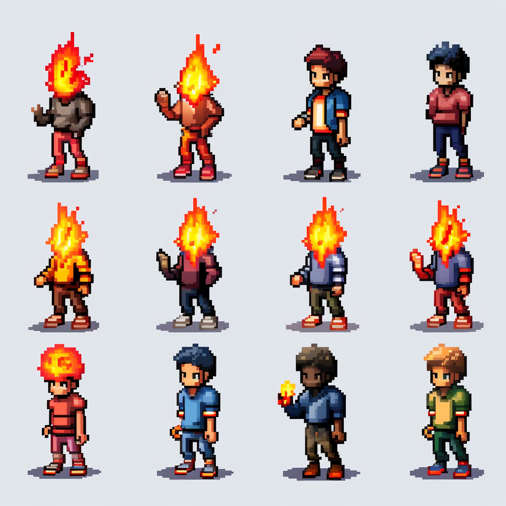 Flame Pixel Art Character in Jeans and Sneakers