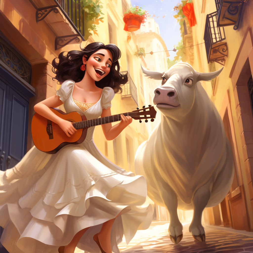 Cute Flamenco Girl Dancing Tango with a White Bull