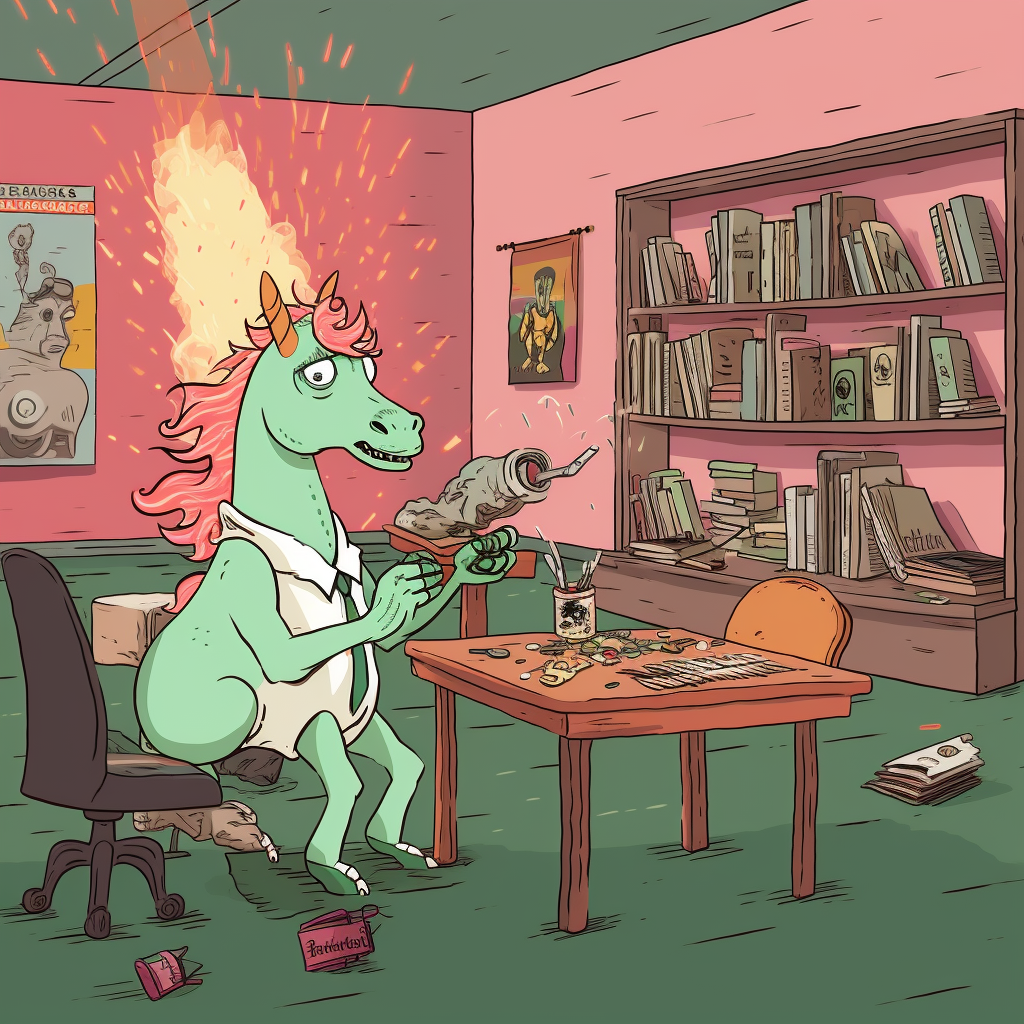 Unicorn with Flamethrower Reading in Classroom