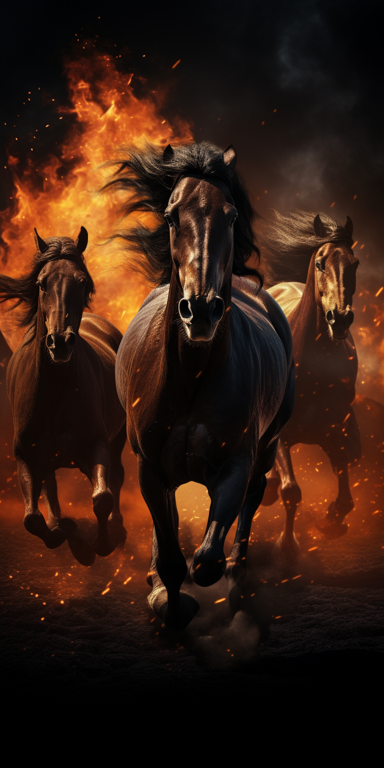 Flaming horses galloping in dark realism