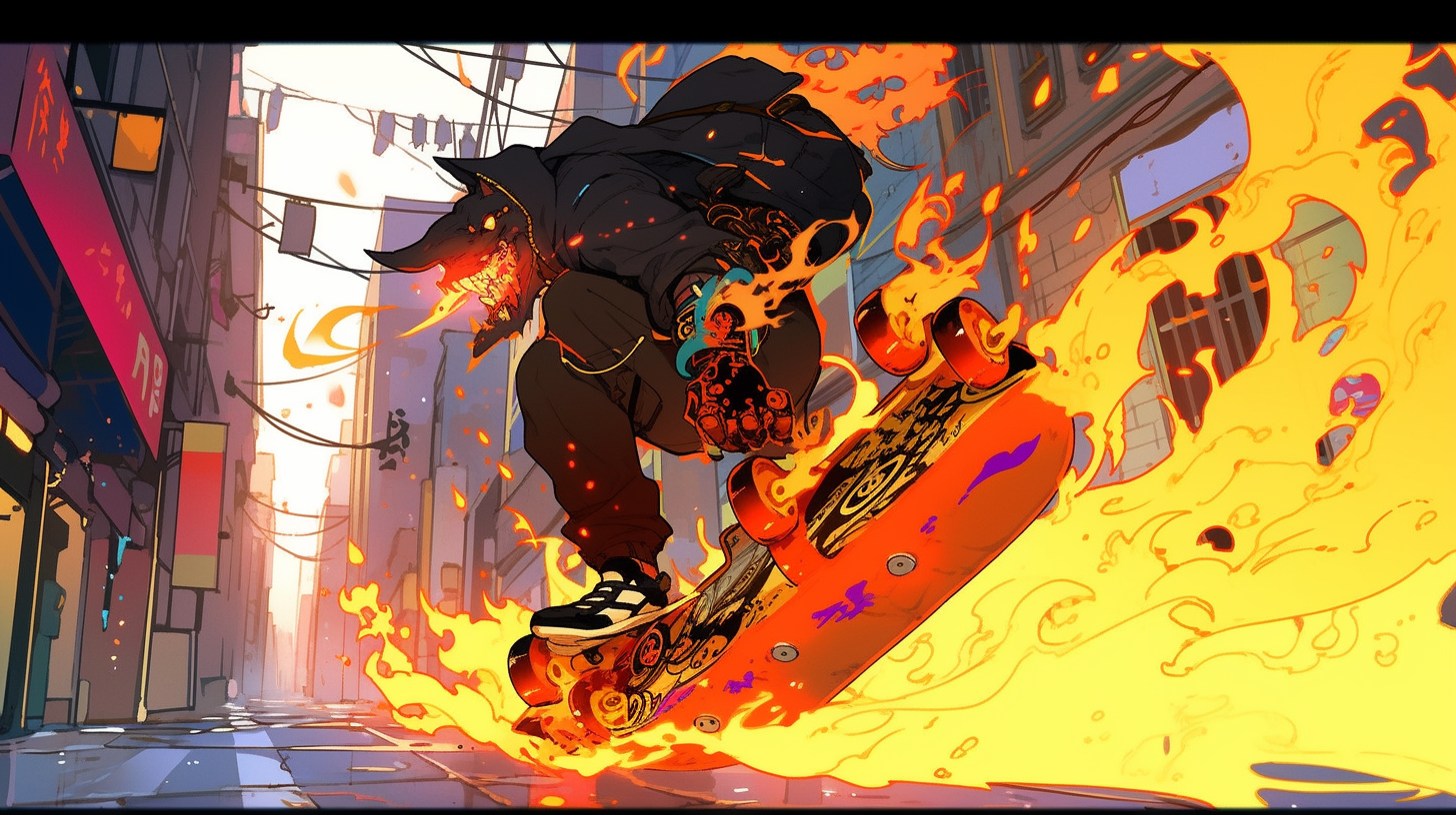 Flaming skateboard in post-apocalyptic city