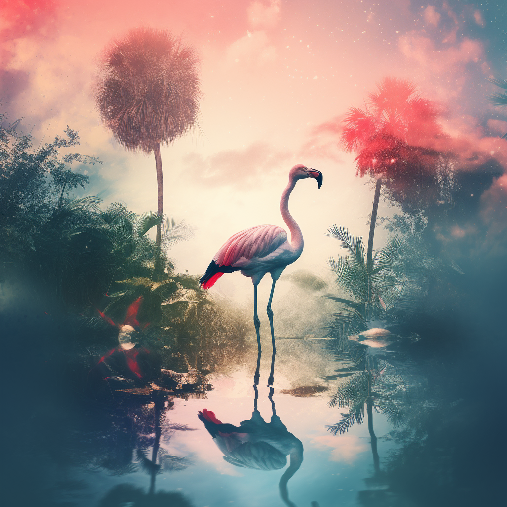 Double Exposure Flamingo Silhouette with Tropical Forest and Beach