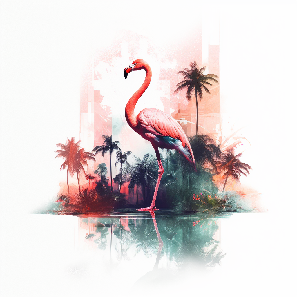 Flamingo in tropical forest and beach