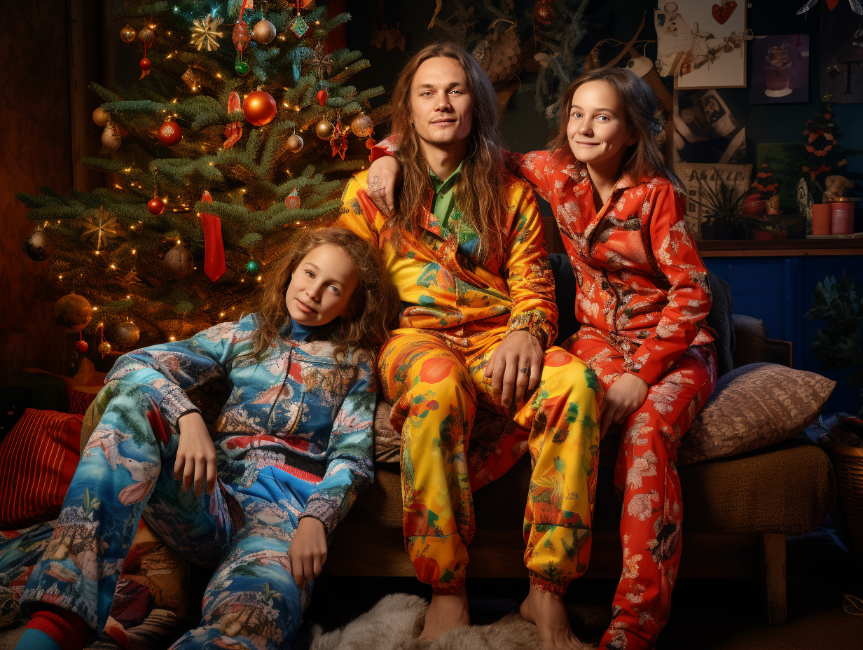 Cheerful family in flannel pajamas with Christmas tree