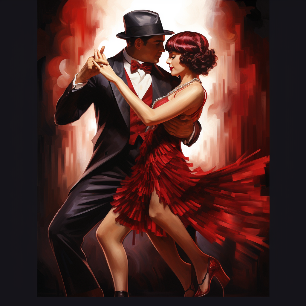 Flappers dancing tango in close embrace