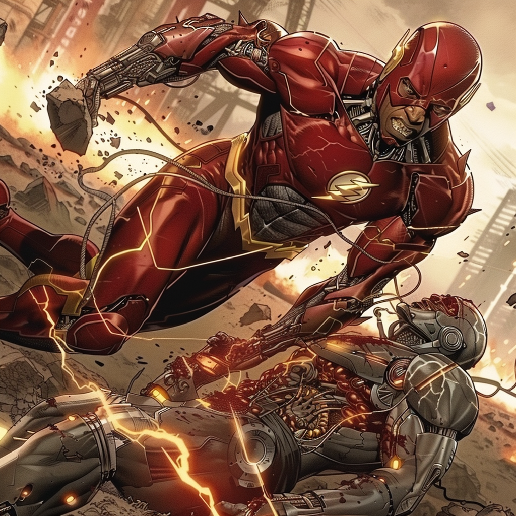 Flash dragging cyborg in post apocalypse