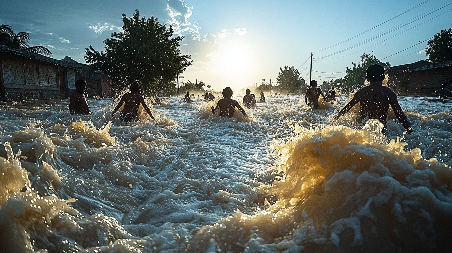 people in raging floodwaters