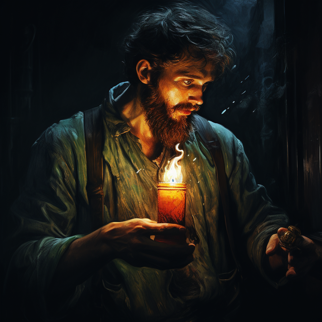 Man illuminating extinguished candle with flashlight