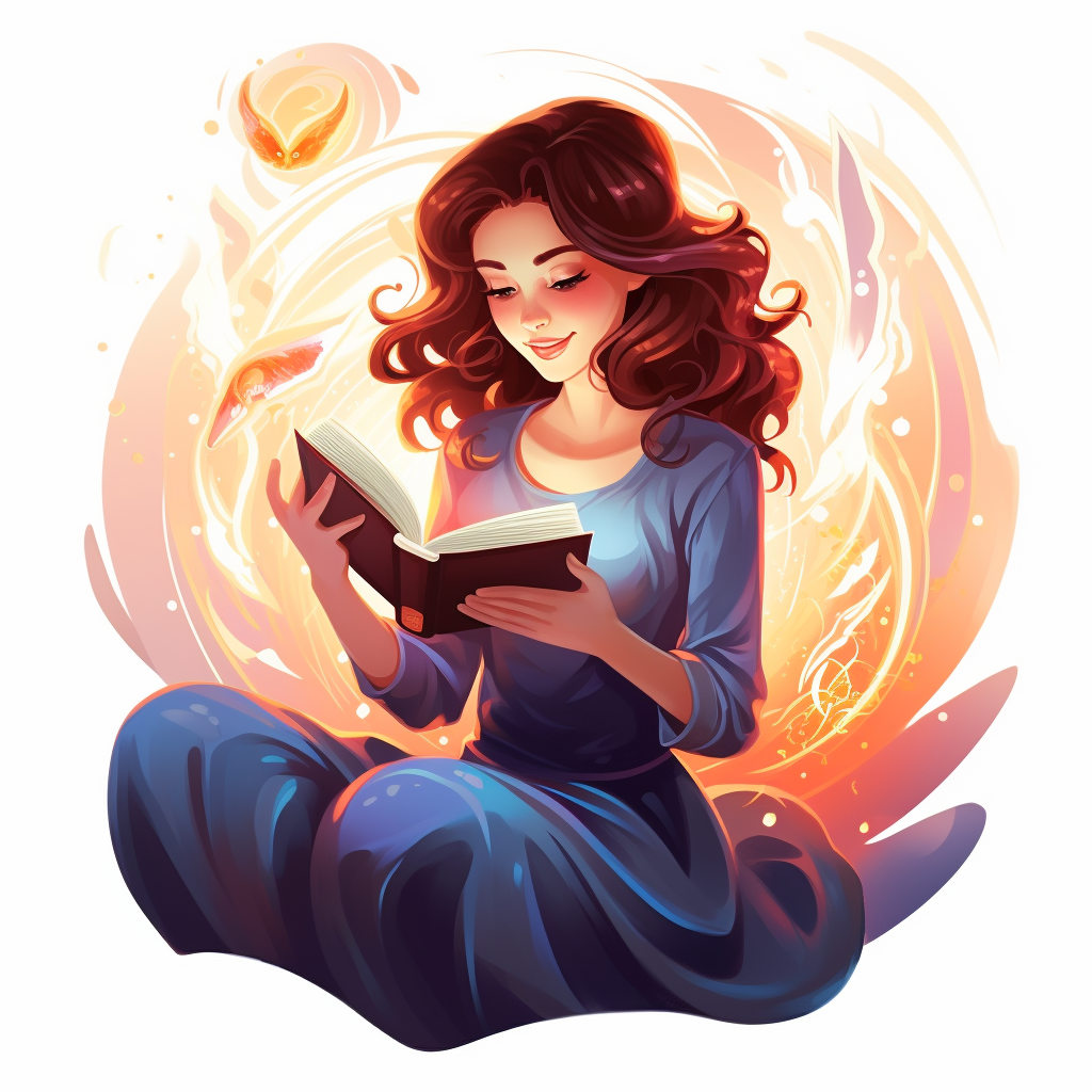 Flat 2D Pixar Style Character Woman Reading Magic Book