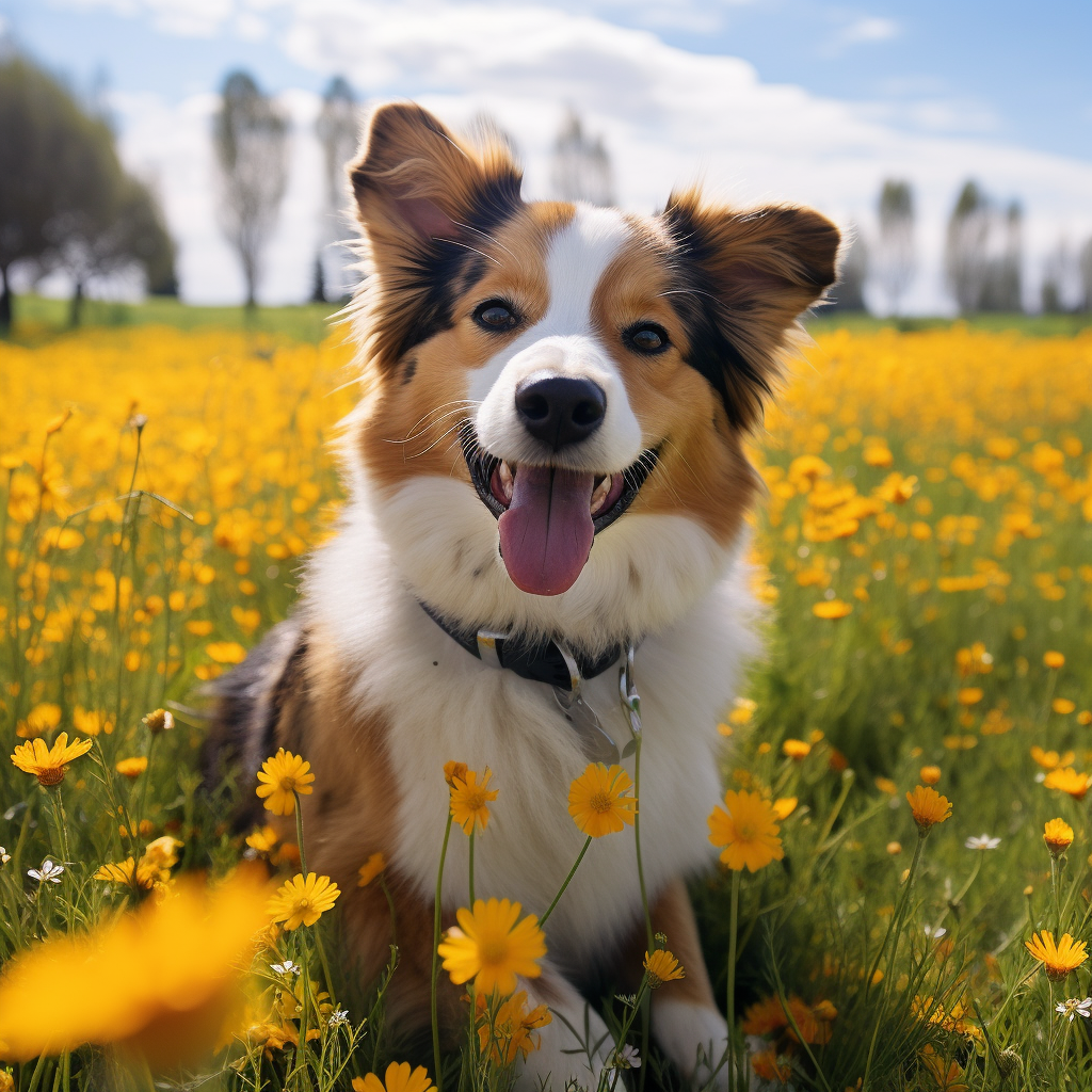 Playful flat-ear corgi with orange and white spots