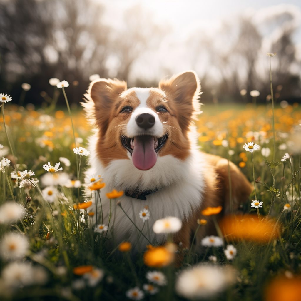 Cute Flat Ear Corgi in Dandelion Field