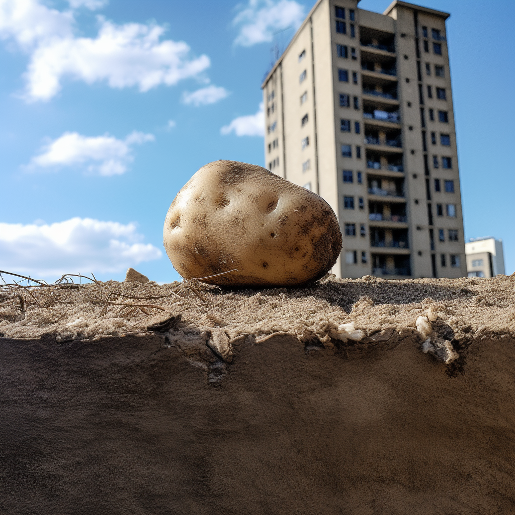 Flat potato on brutalist building