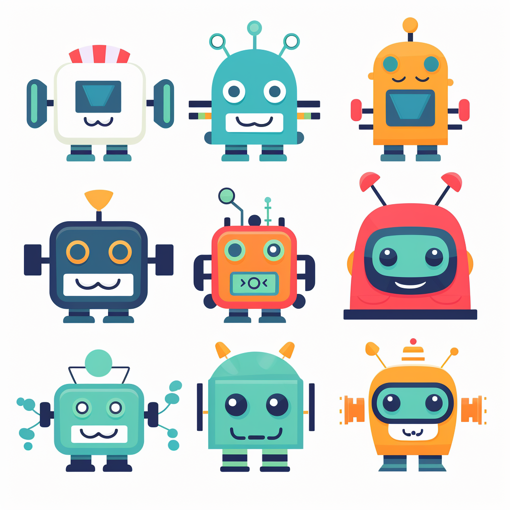 Colorful flat robot avatars on white background