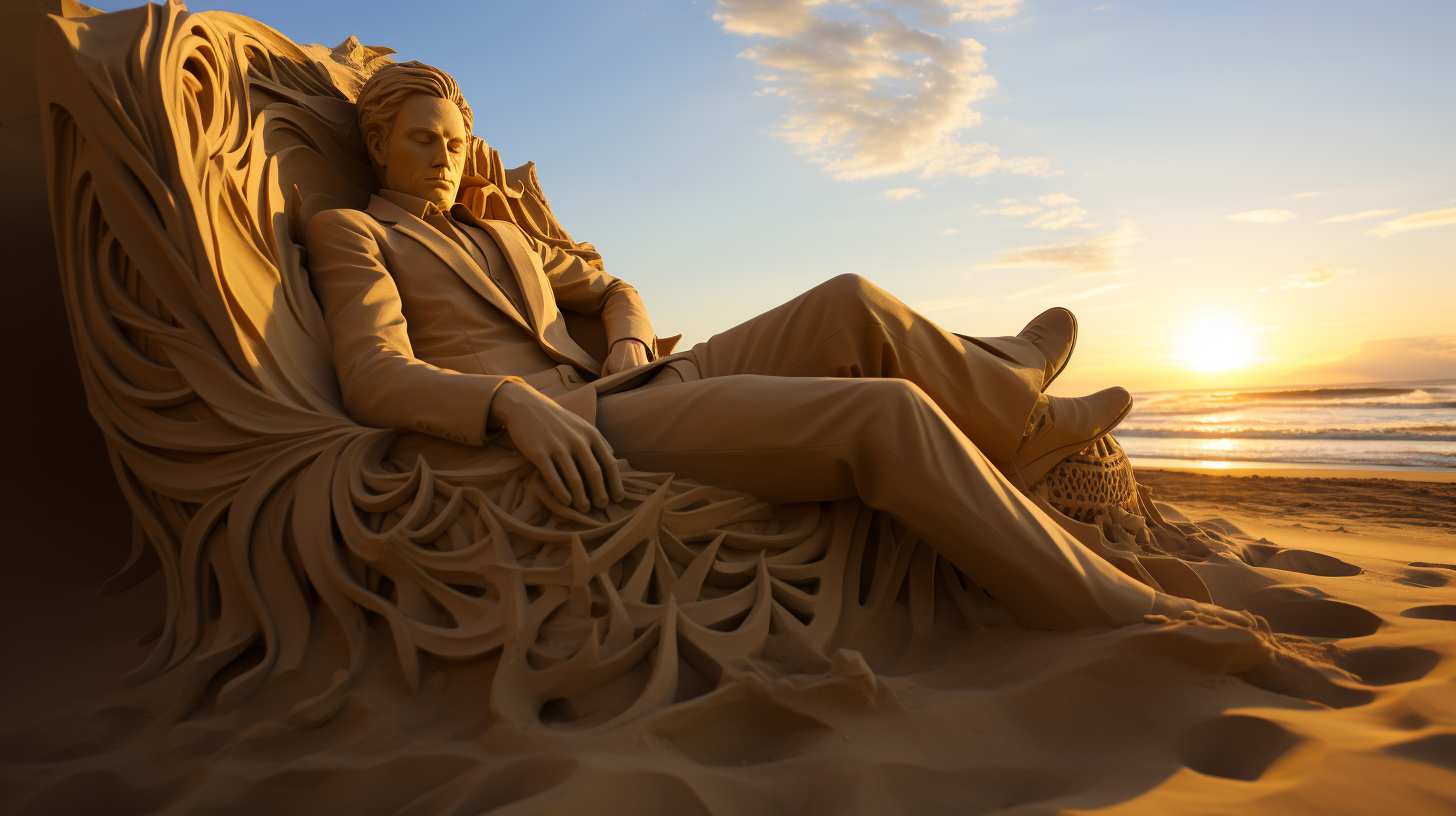 Man relaxing on sand sculpture at evening beach