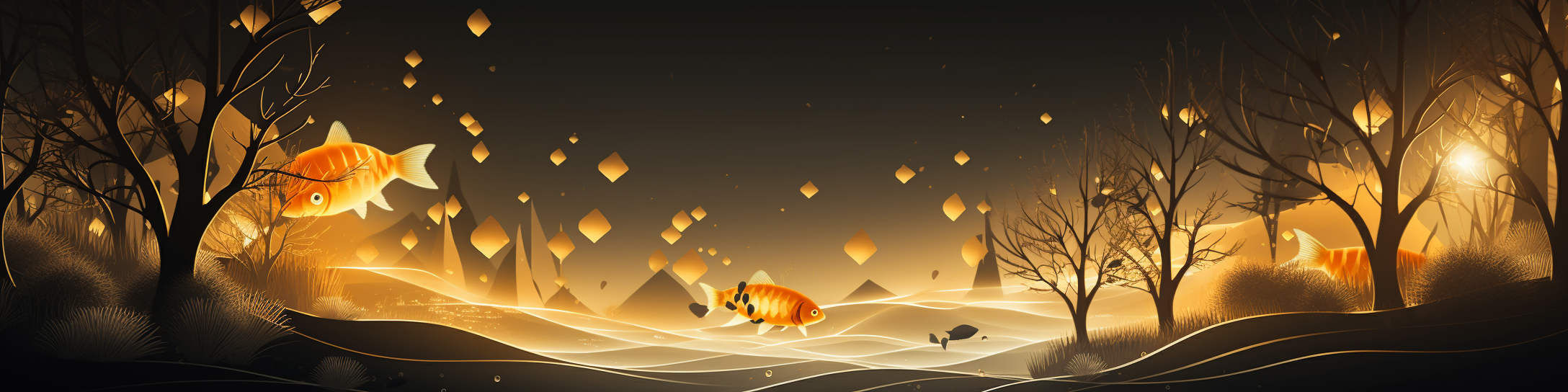 Flat trees with glowing goldfish