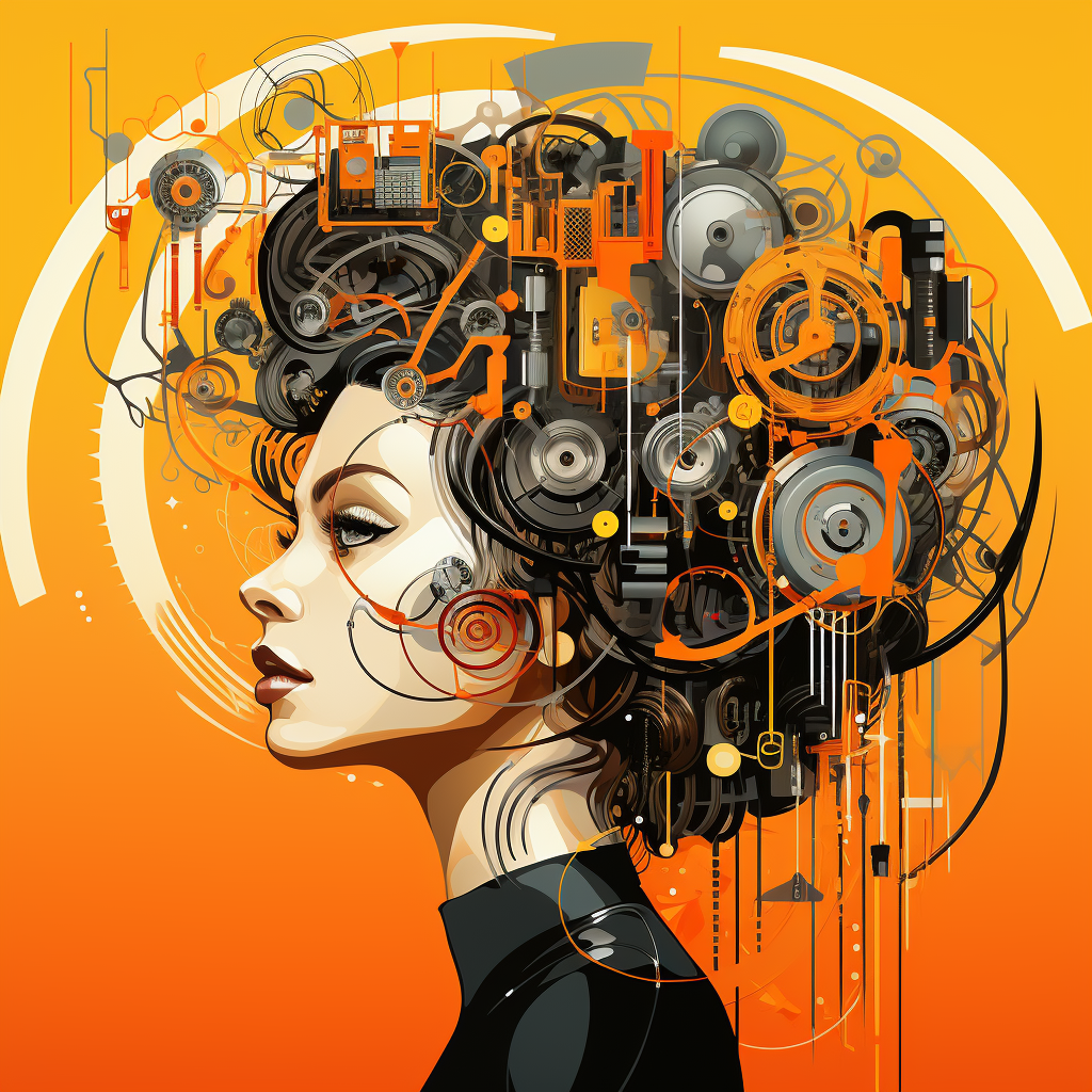 Woman with Gears in Orange Background