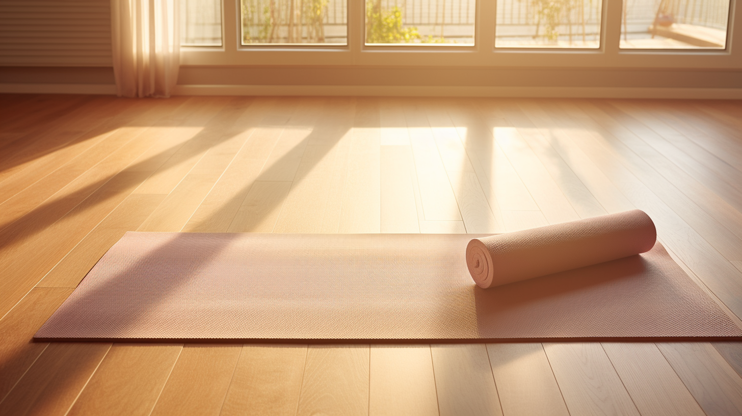 Flat yoga mat mockup on light wooden floor