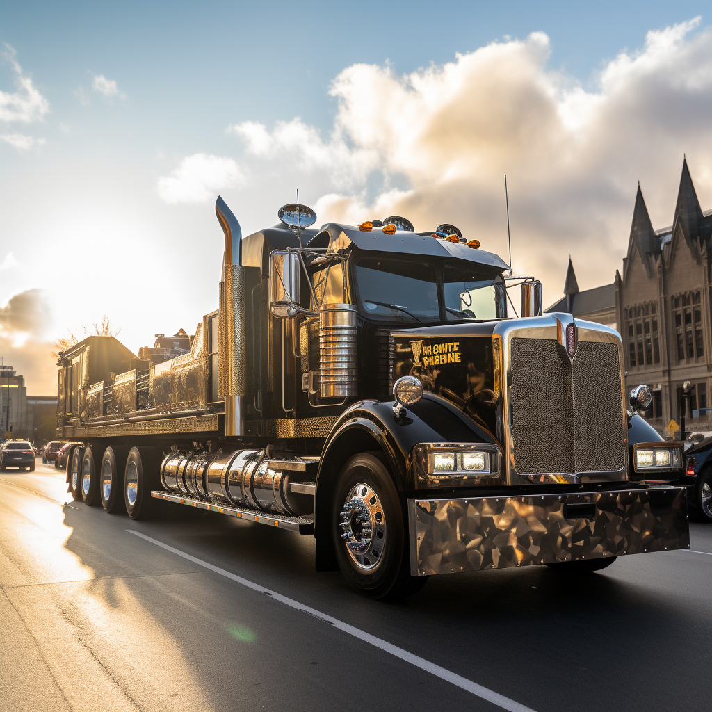 Flatbed truck with Purdue mascot, cheerleaders, and marching band