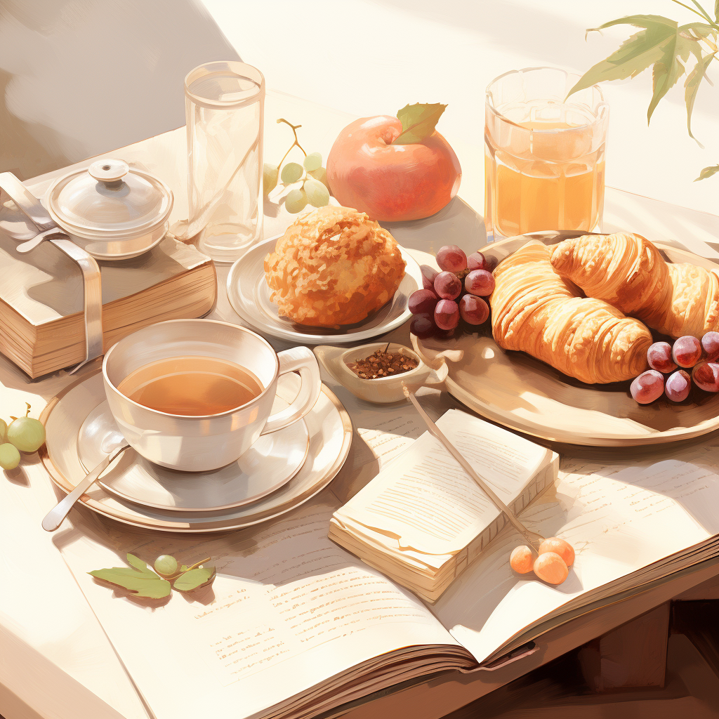 Table with coffee, fruits, croissants and water glass