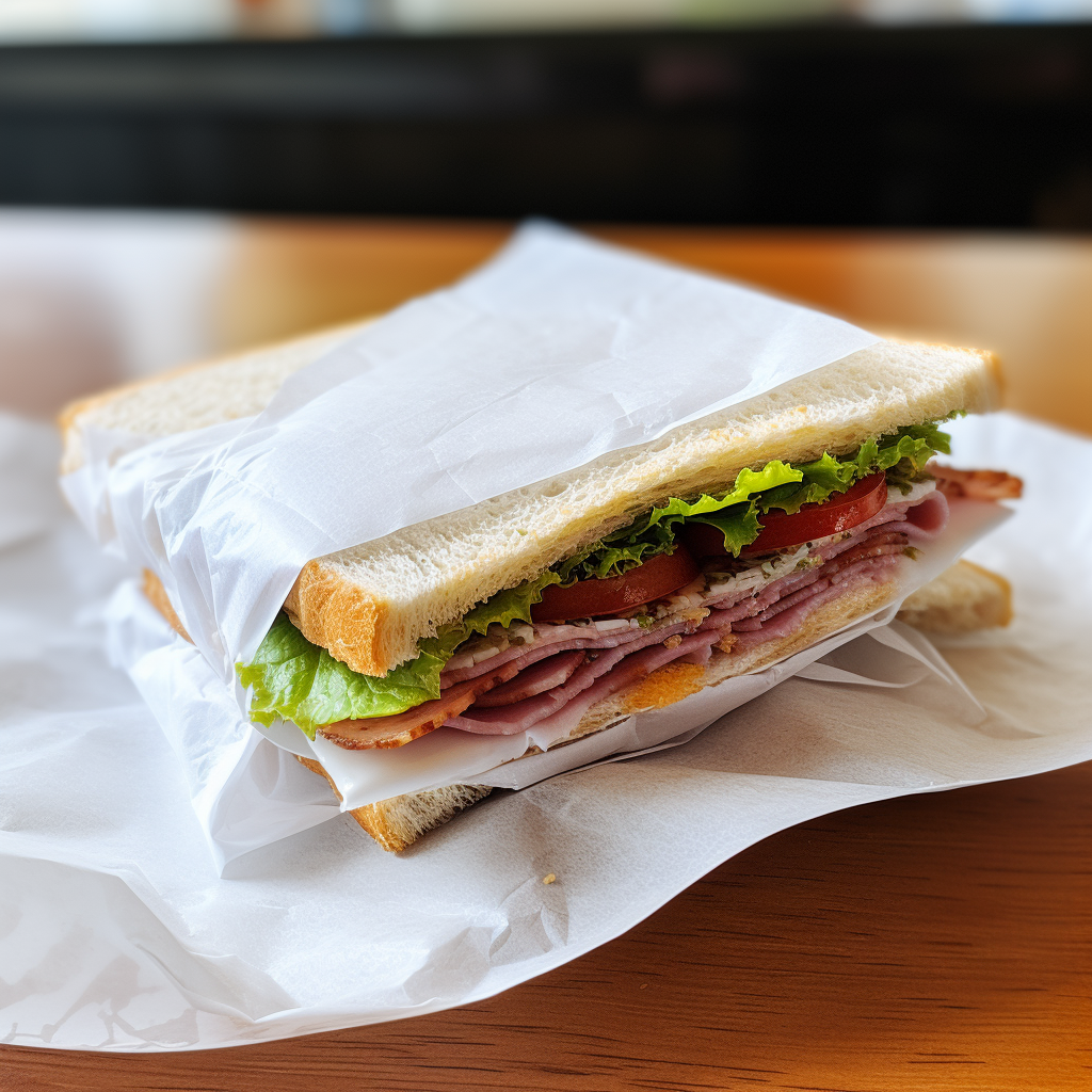 Tasty flattened sandwich wrapped in napkin