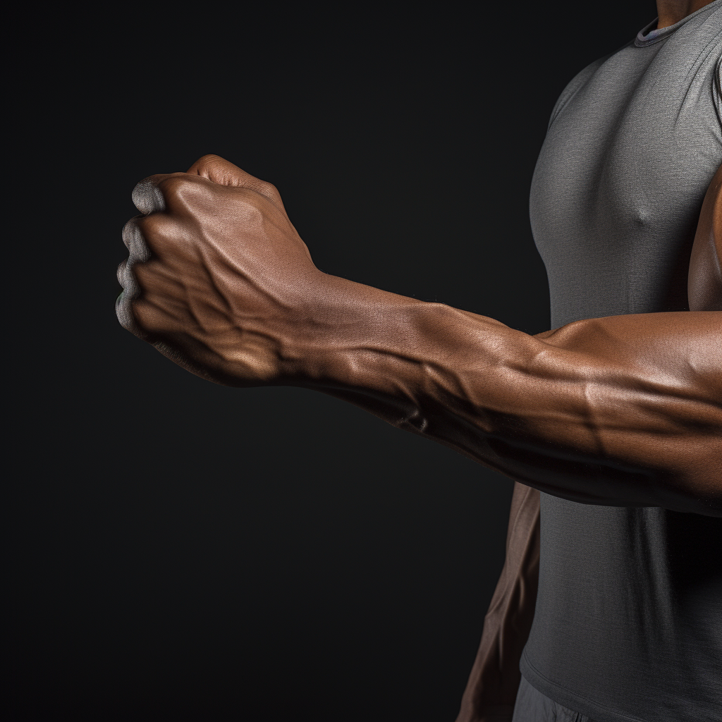 Young man flexing arm in bodybuilder pose