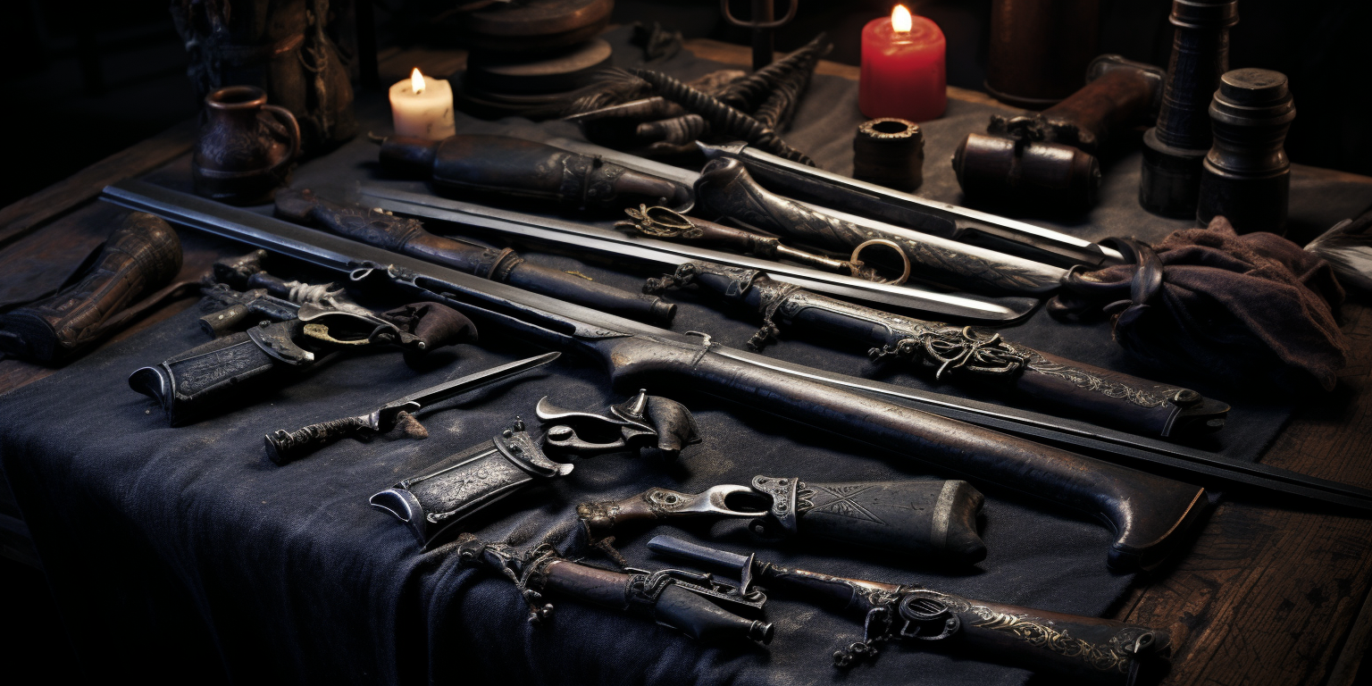 Flintlock pistols and swords on wooden table