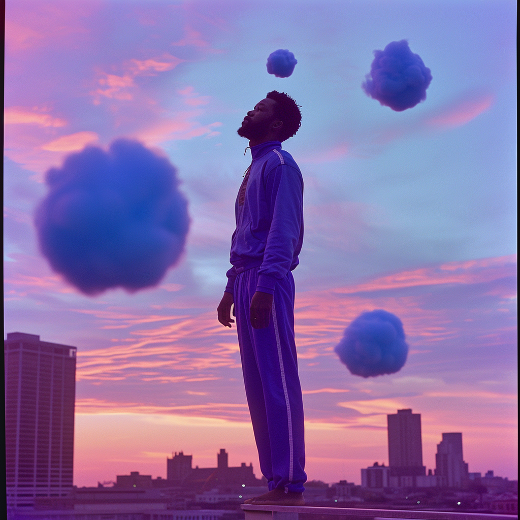 Black man floating above ground in blue track suit at sunset