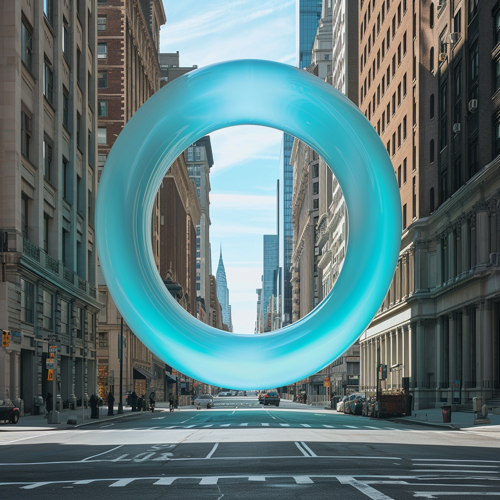 Floating blue circle on New York street