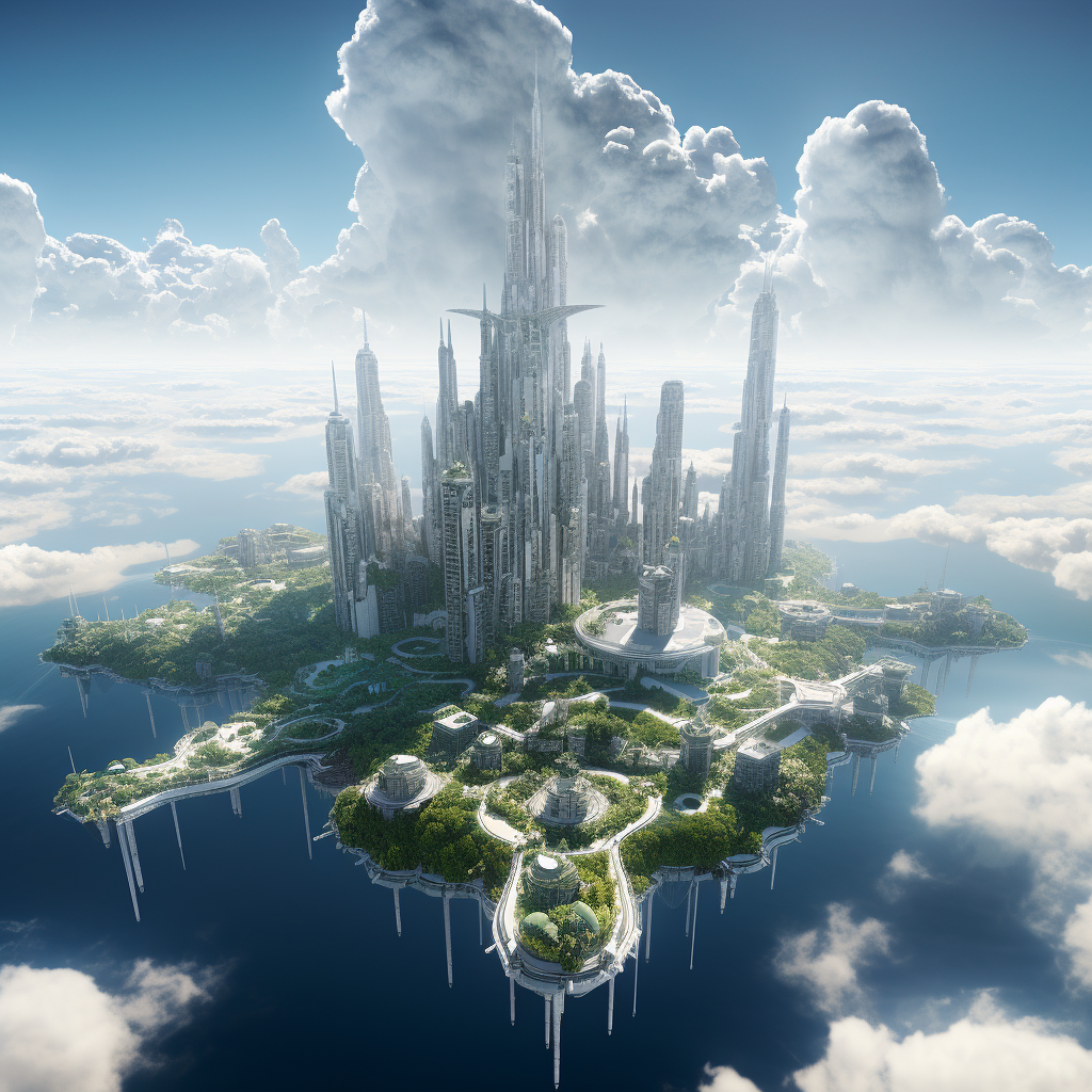 Aerial view of floating city above ocean clouds