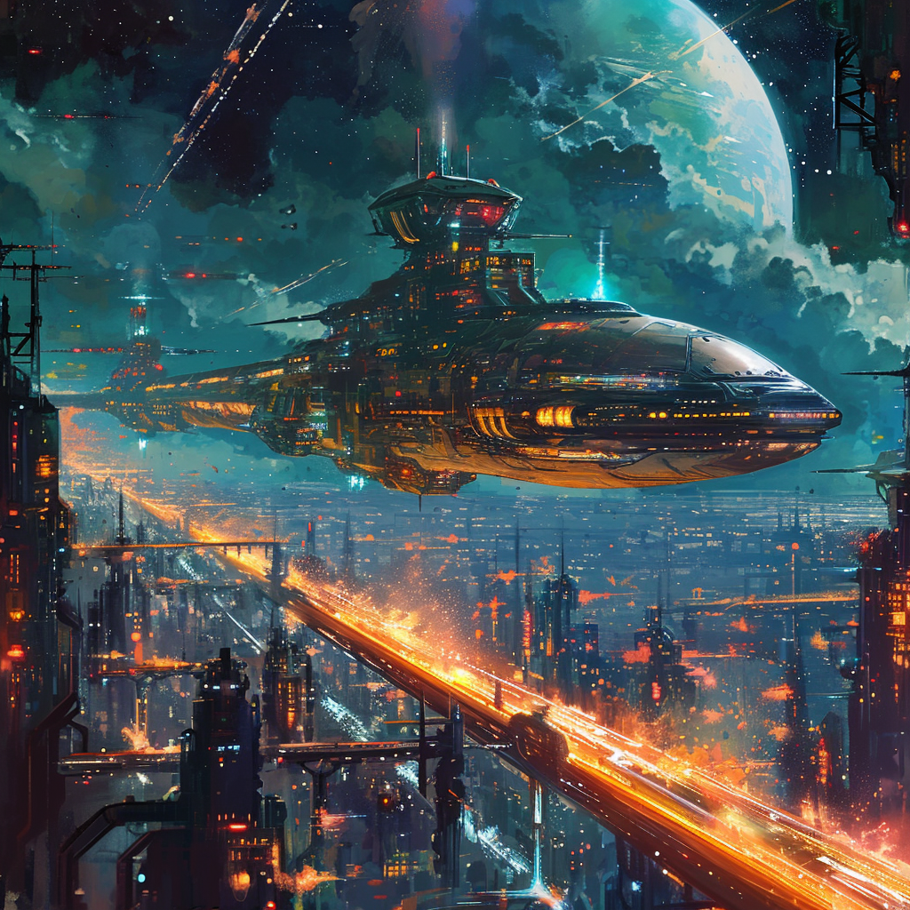 Colorful floating city spaceship in anime style