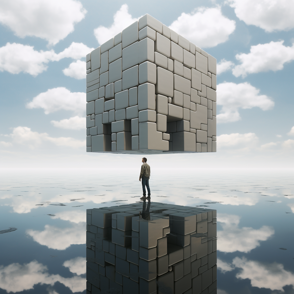 Man surrounded by reflective cube illusion