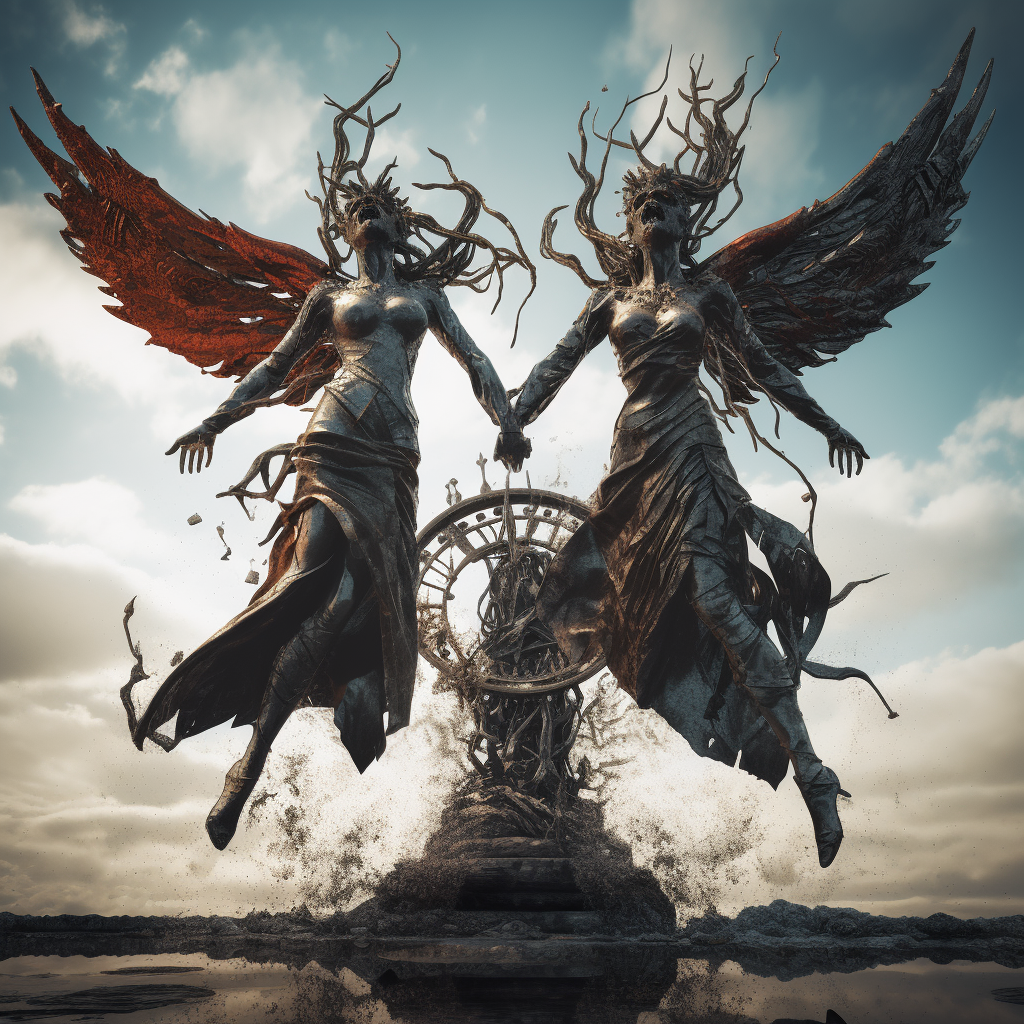 Two floating devil and angel statues