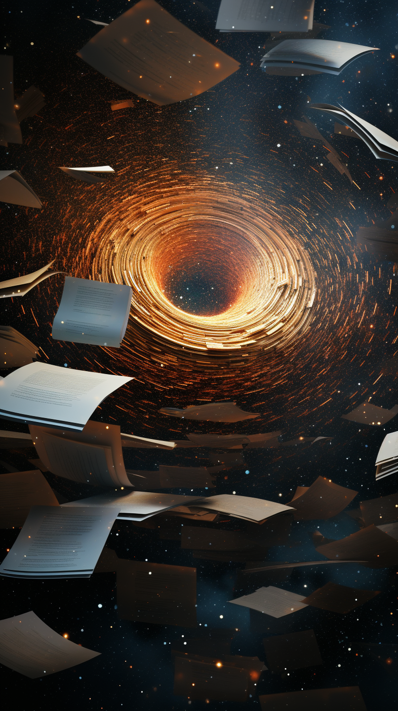 Floating documents in space swirling around blackhole